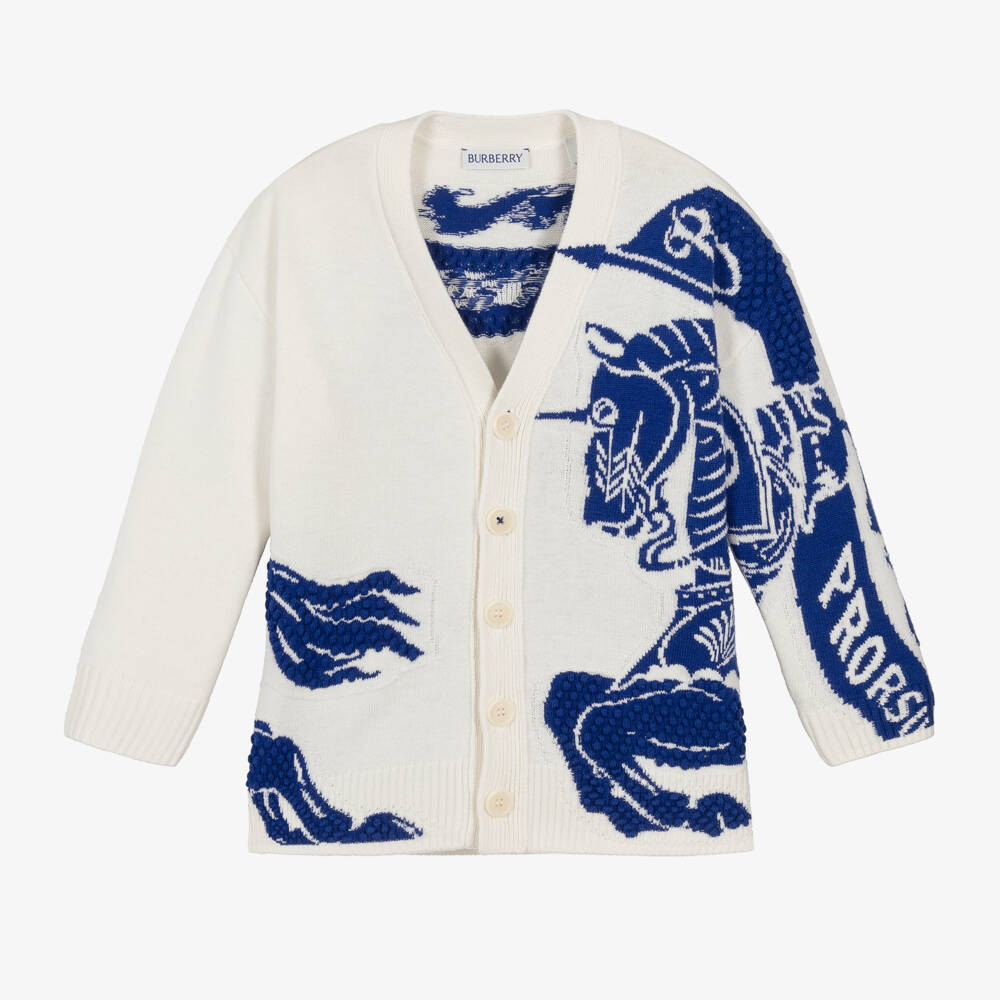 Burberry-Boys Wool Cardigan in Ivory & Blue | Childrensalon Outlet