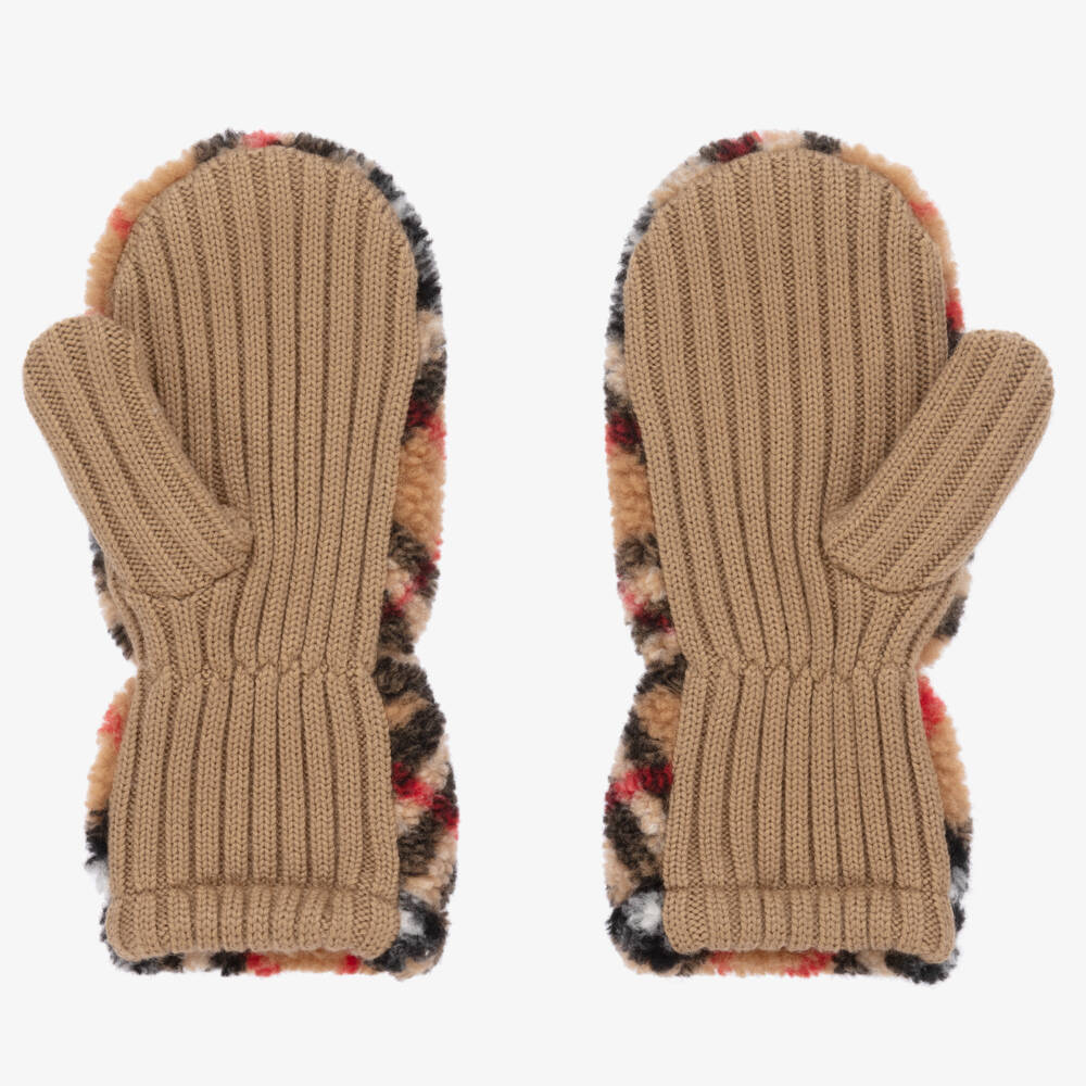 Burberry-Boys Woolen Beige Patterned Mittens | Childrensalon Outlet