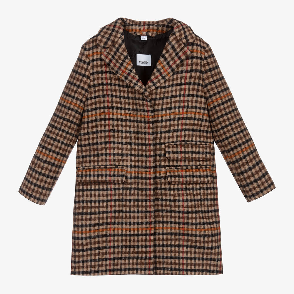 Burberry - Manteau marron à carreaux en laine  | Childrensalon