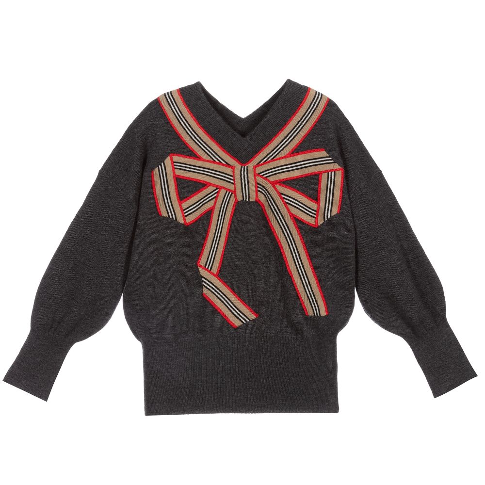 Burberry - Pull gris foncé en laine avec nœud | Childrensalon