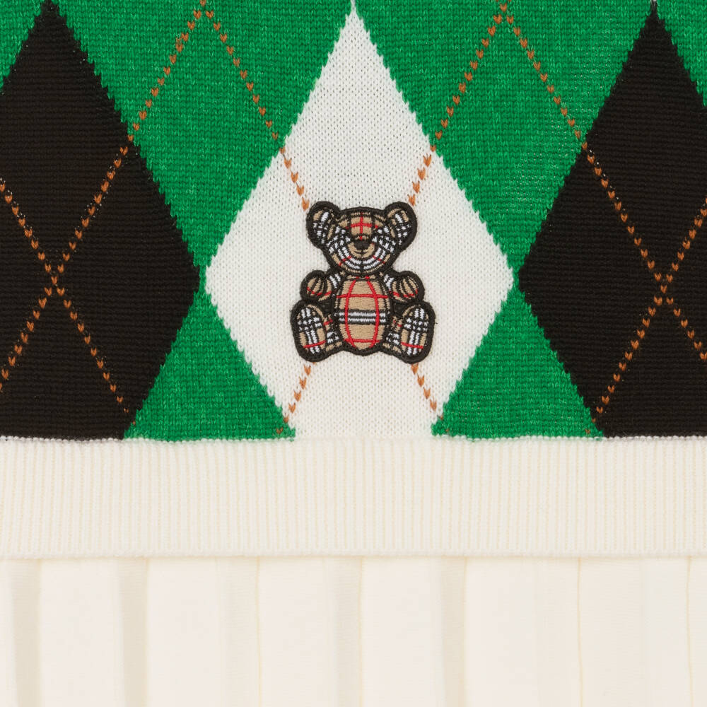 Burberry-فستان محبوك بنمط أرجيل أخضر للبنات | Childrensalon Outlet