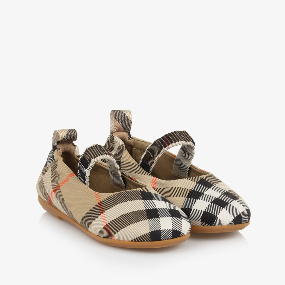 Burberry-Girls Beige Check Ballerina Pumps | Childrensalon Outlet
