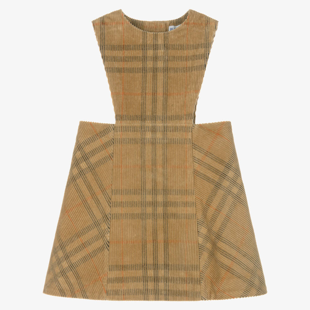 Burberry-Girls Beige Check Corduroy Pinafore Dress | Childrensalon Outlet