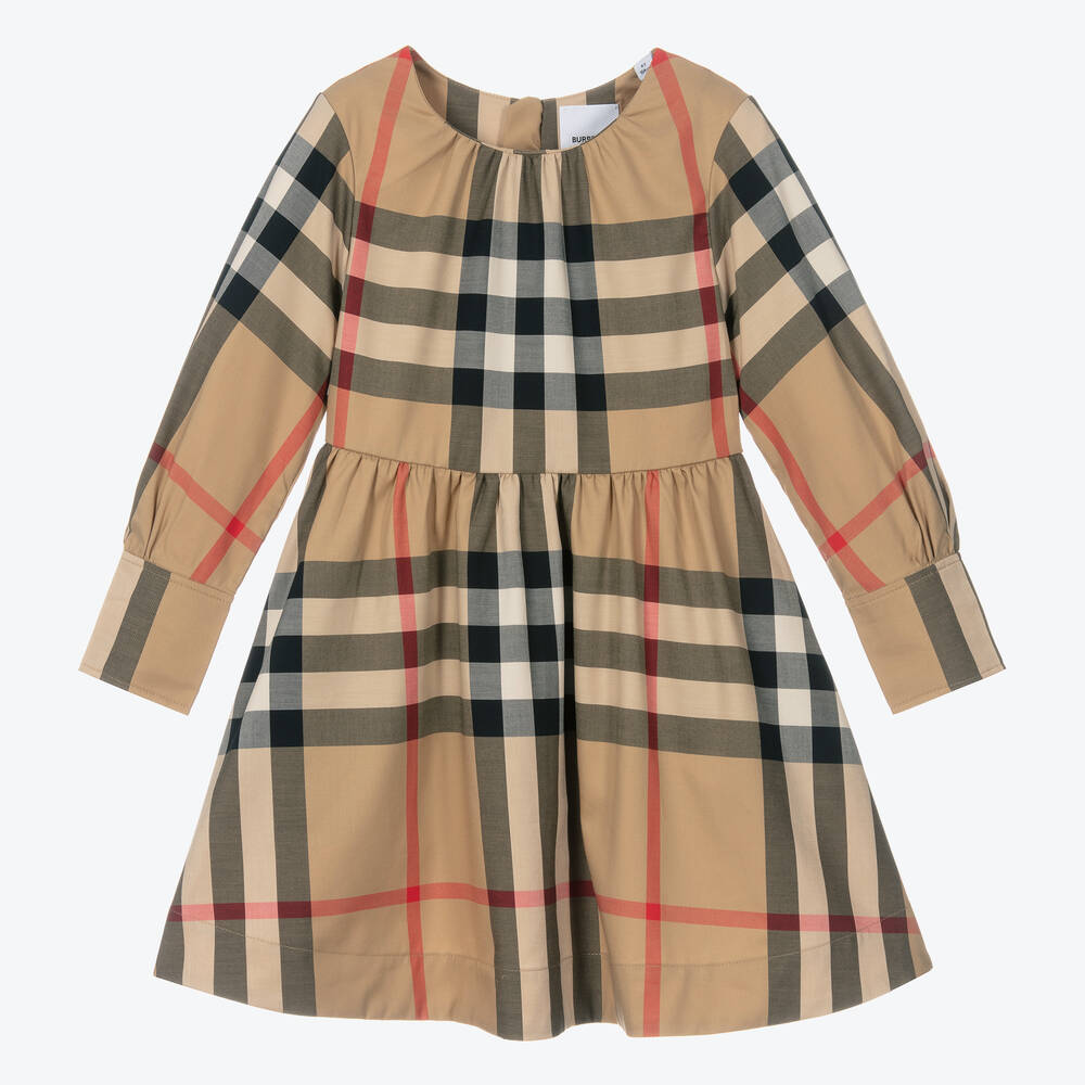 Burberry-Girls Beige Check Cotton Dress | Childrensalon Outlet