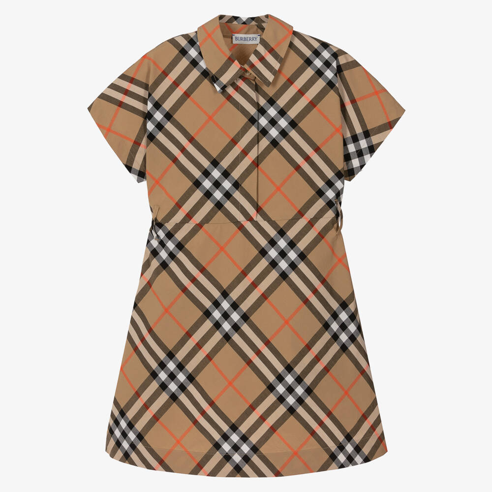 Burberry-فستان قميص بناتي من القطن البيج بنقشة المربعات | Childrensalon Outlet