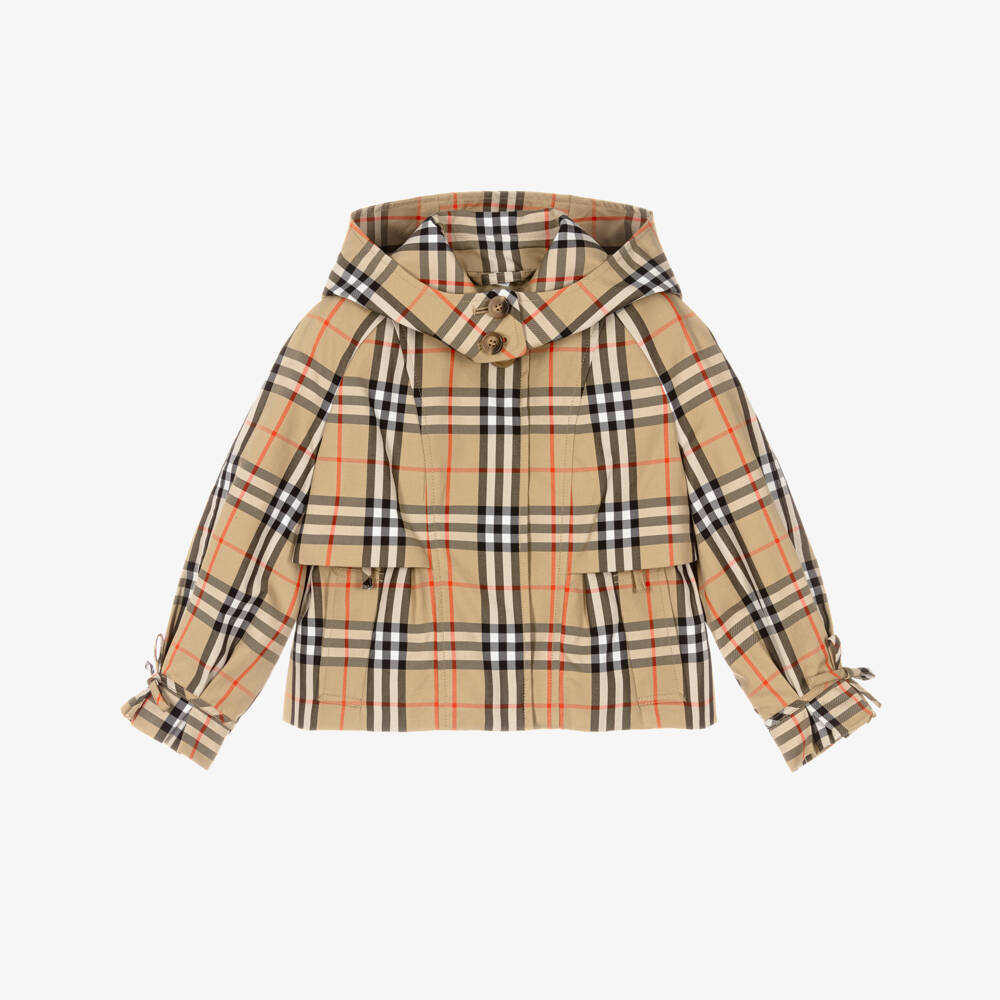 Burberry-Girls Beige Check Cotton Trench Jacket with Detachable Hood | Childrensalon Outlet