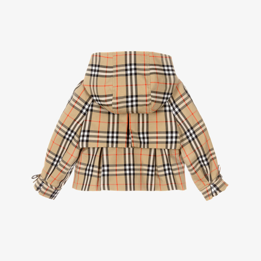 Burberry-Girls Beige Check Cotton Trench Jacket with Detachable Hood | Childrensalon Outlet