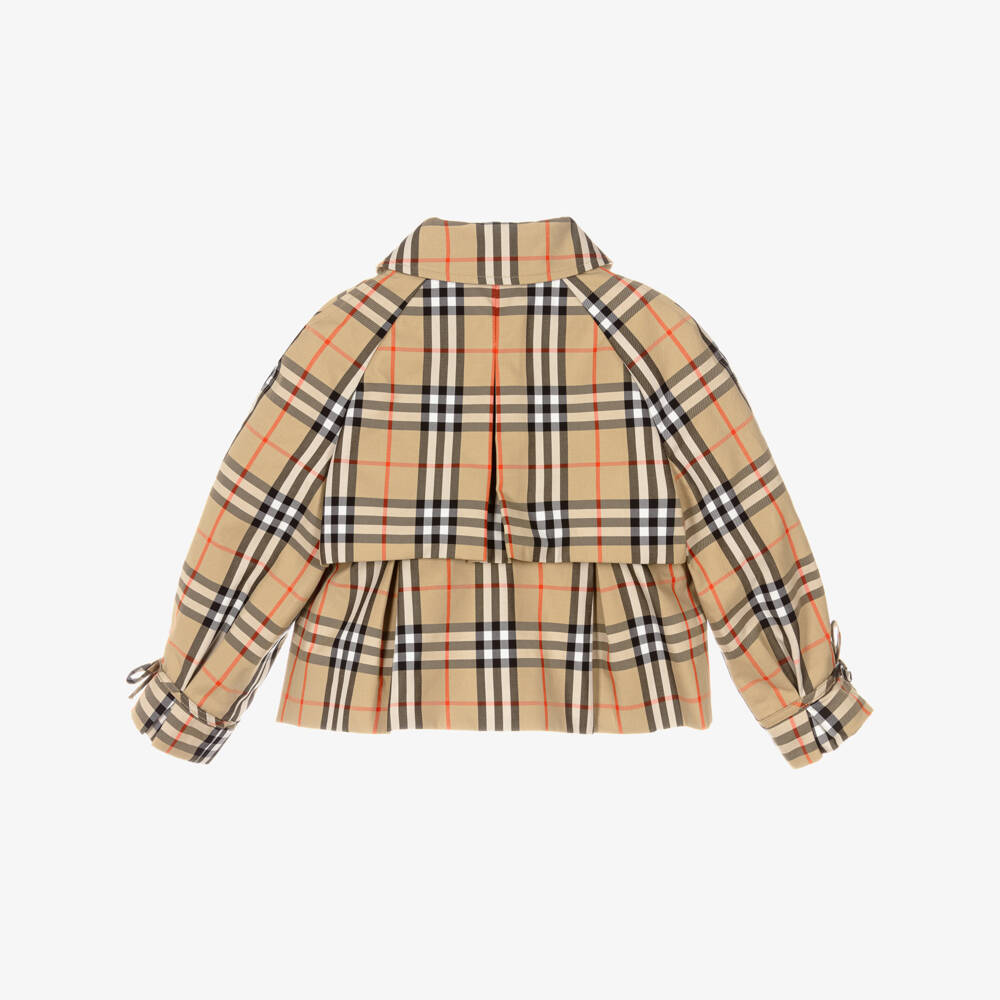Burberry-Girls Beige Check Cotton Trench Jacket with Detachable Hood | Childrensalon Outlet