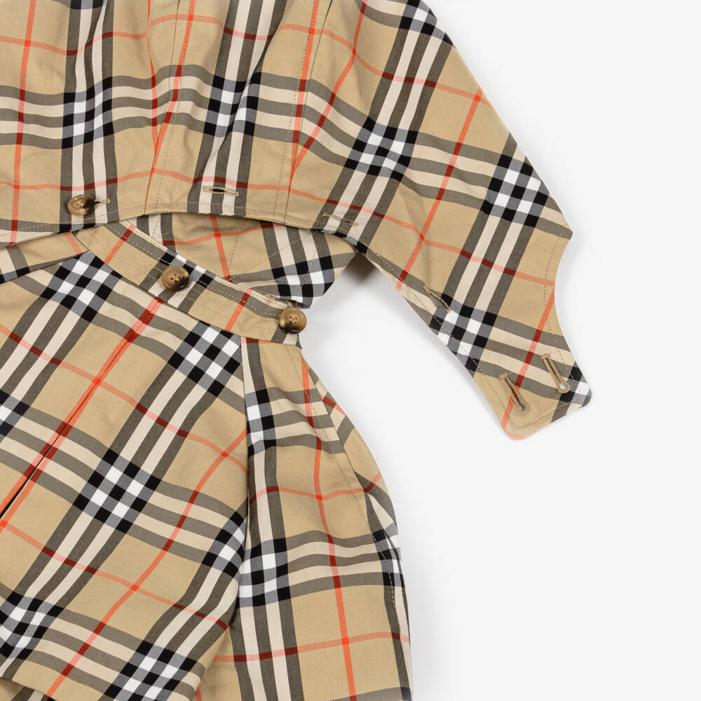 Burberry-Girls Beige Check Cotton Trench Jacket with Detachable Hood | Childrensalon Outlet