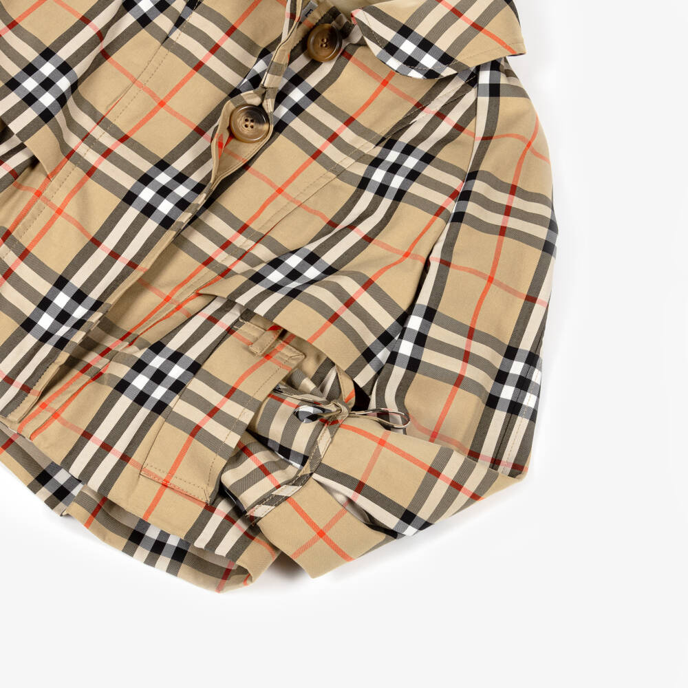 Burberry-Girls Beige Check Cotton Trench Jacket with Detachable Hood | Childrensalon Outlet