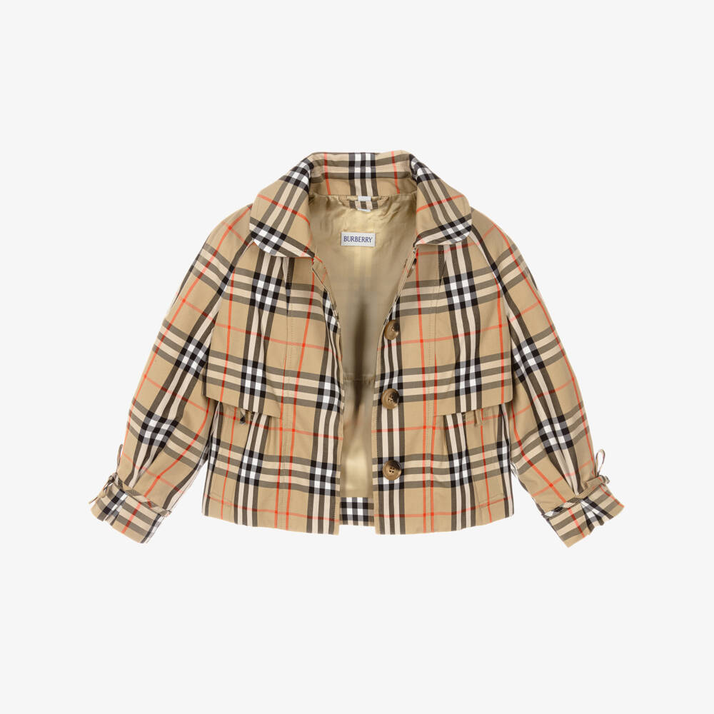 Burberry-Girls Beige Check Cotton Trench Jacket with Detachable Hood | Childrensalon Outlet