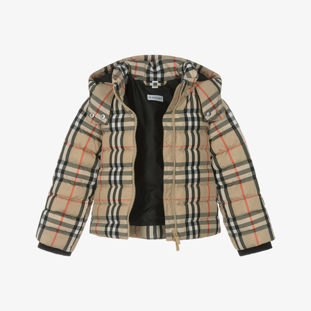 Burberry-Girls Beige Check Hooded Down Puffer Jacket | Childrensalon Outlet