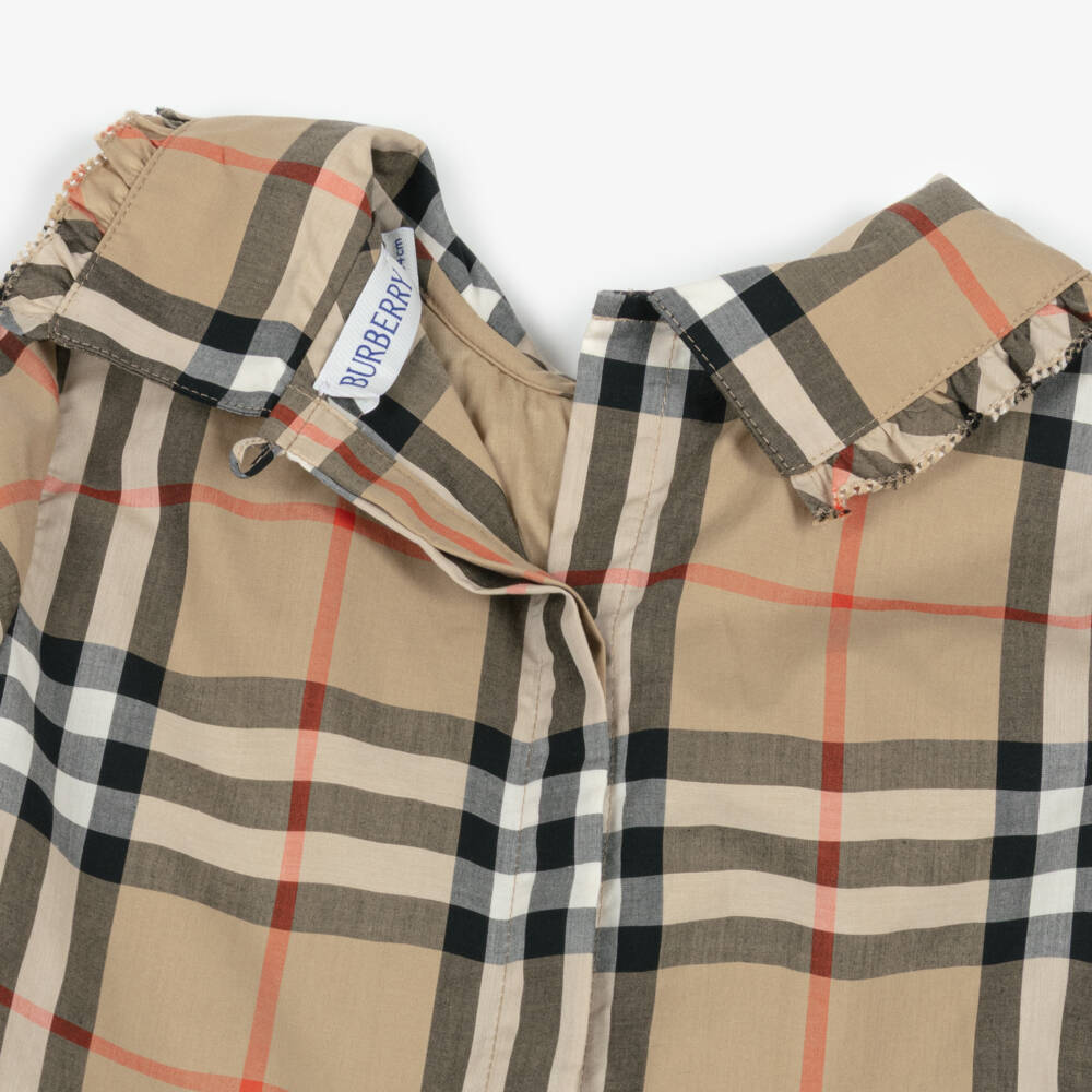 Burberry-Girls Beige Check Shirred Poplin Dress | Childrensalon Outlet