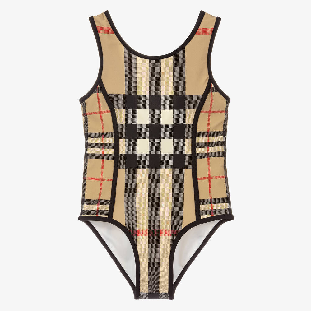 Burberry-Girls Beige Check Swimsuit | Childrensalon Outlet