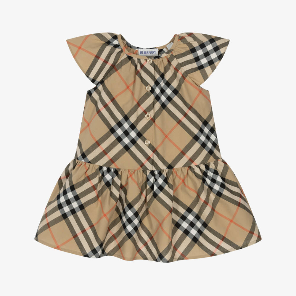 Burberry-فستان بناتي بيج من القطن بنقشة المربعات | Childrensalon Outlet