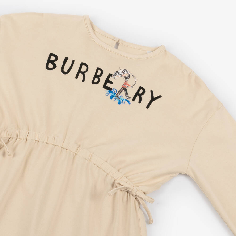 Burberry-Girls Beige Cotton Dress with King's Guard & Logo | Childrensalon Outlet