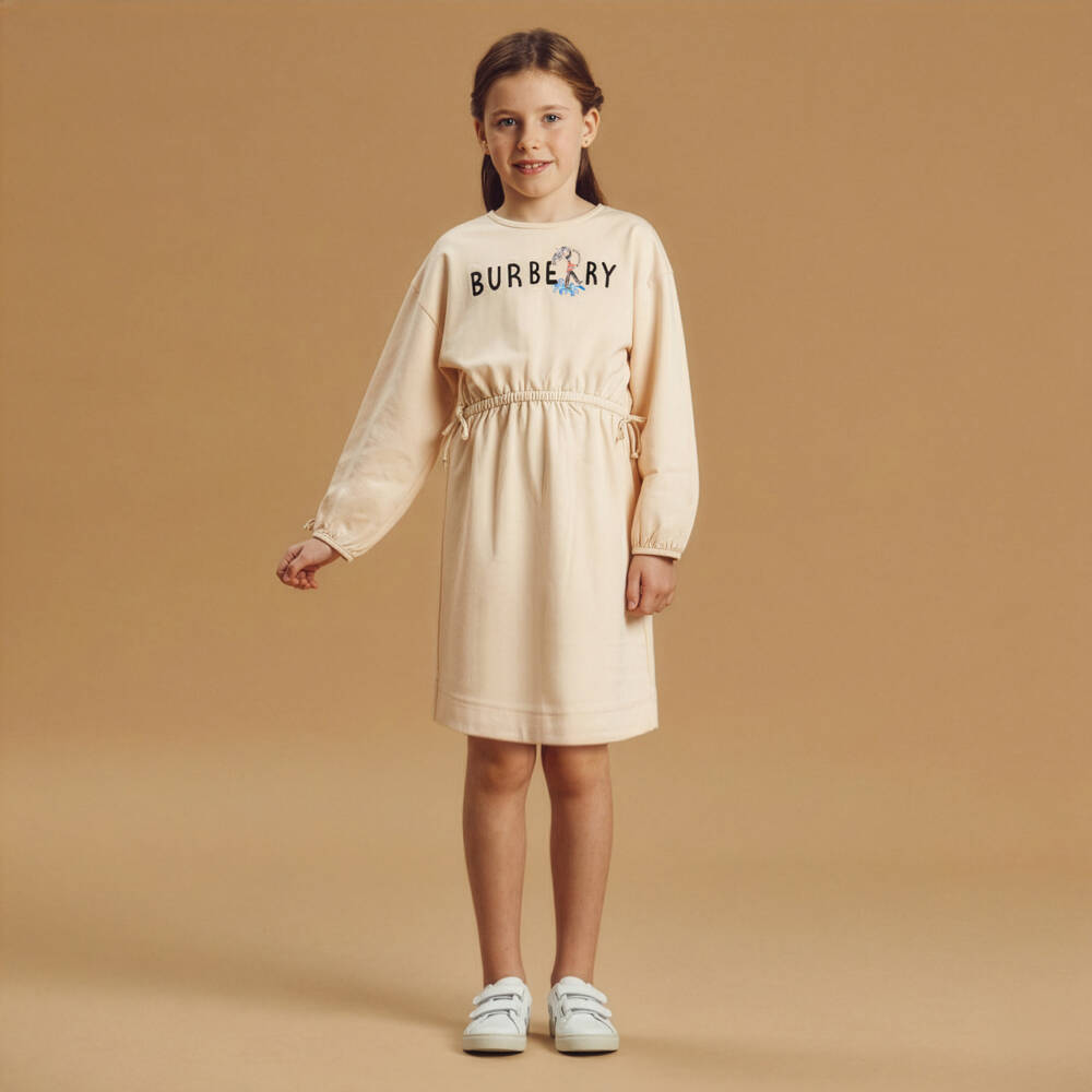 Burberry-Girls Beige Cotton Dress with King's Guard & Logo | Childrensalon Outlet