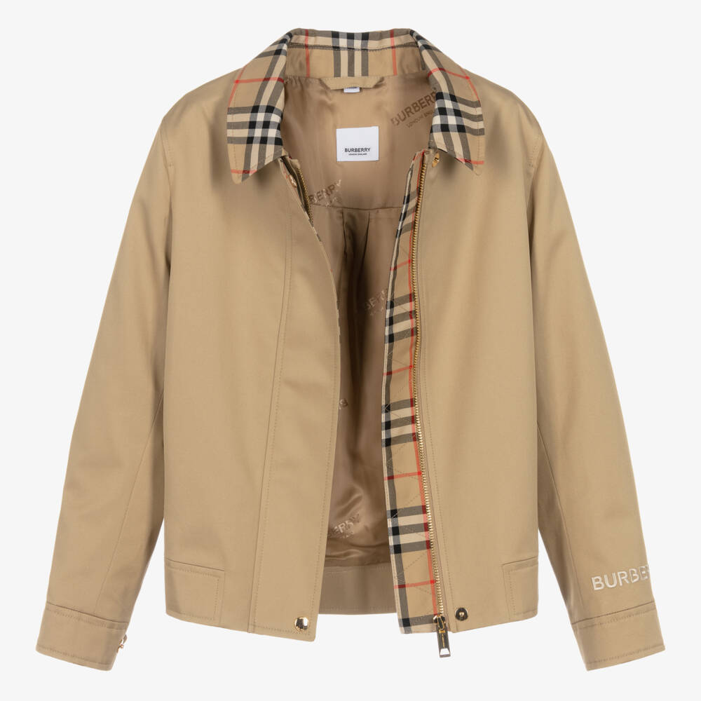 Burberry-Girls Beige Gabardine Check Jacket | Childrensalon Outlet