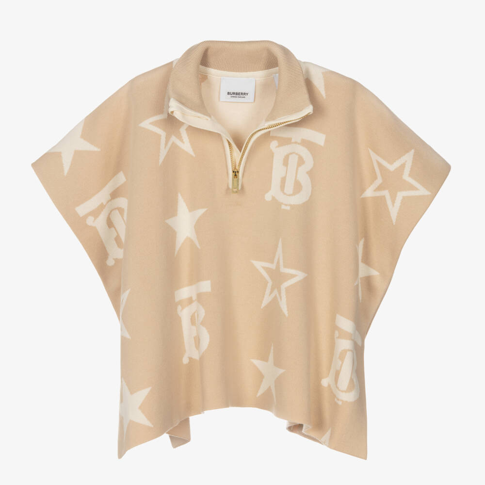 Burberry-Girls Beige Knitted Logo Cape | Childrensalon Outlet