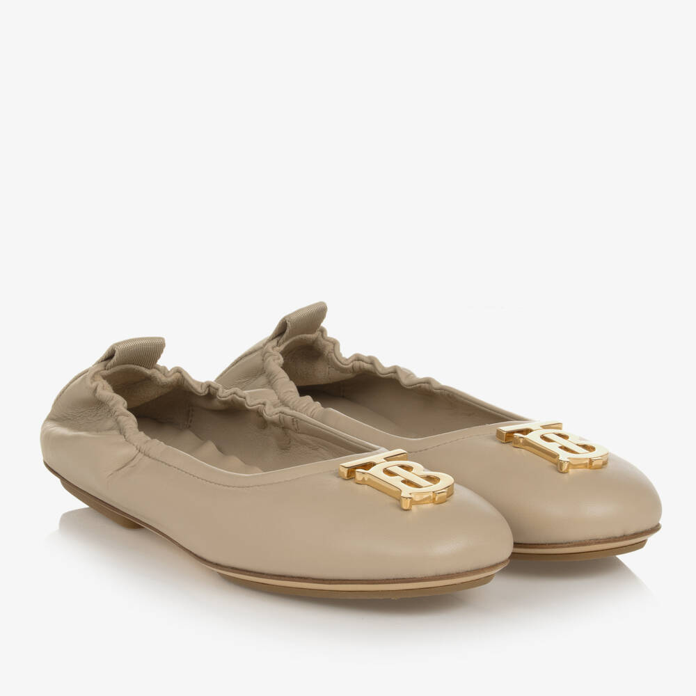 Burberry-Girls Beige Monogram Leather Flats | Childrensalon Outlet