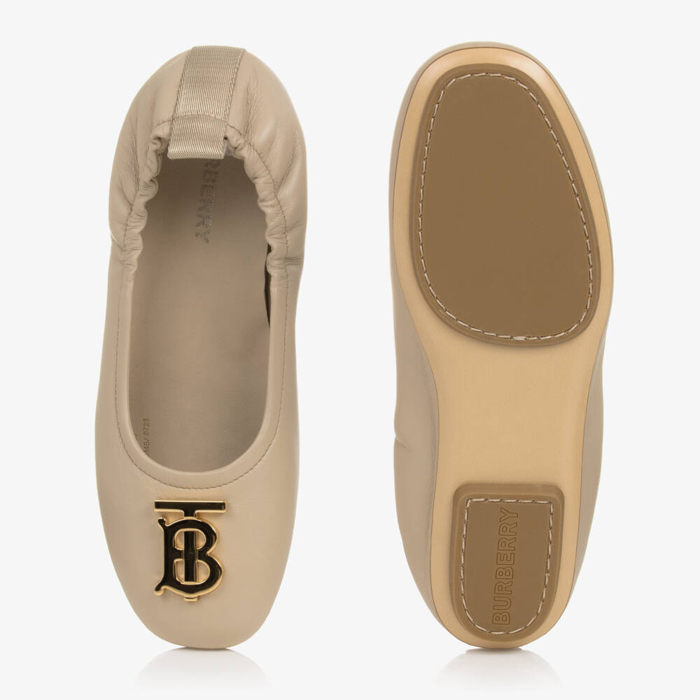 Burberry-Girls Beige Monogram Leather Flats | Childrensalon Outlet