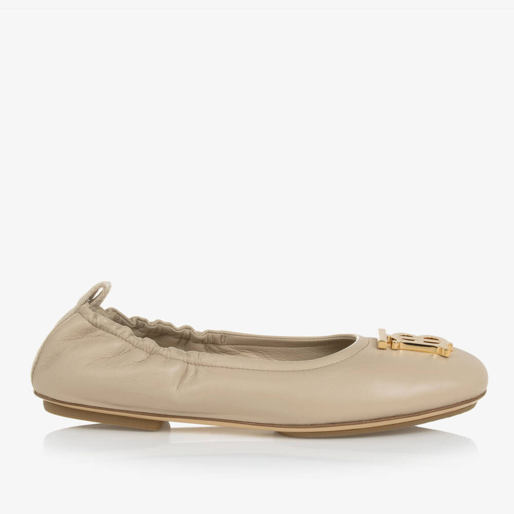 Burberry-Girls Beige Monogram Leather Flats | Childrensalon Outlet