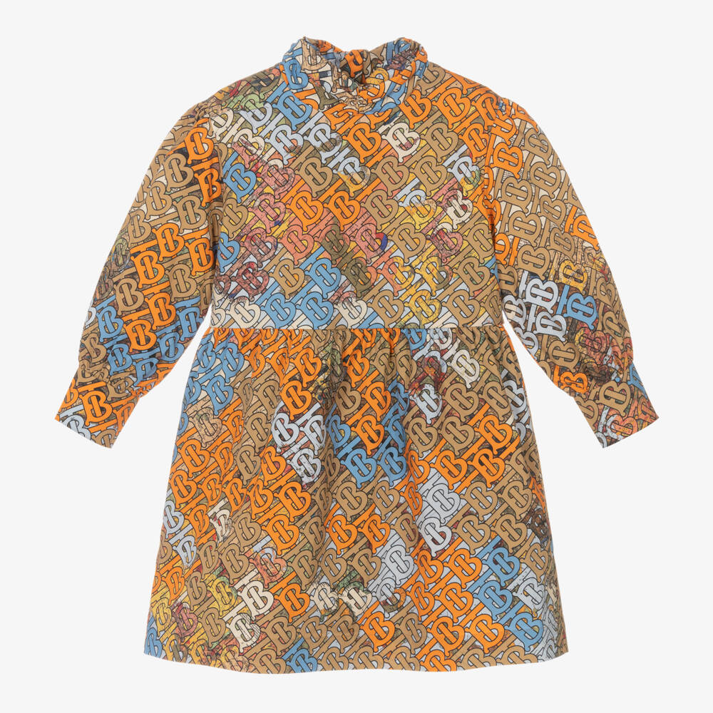 Burberry-فستان أناقة للبنات باللون البيج والبرتقالي | Childrensalon Outlet