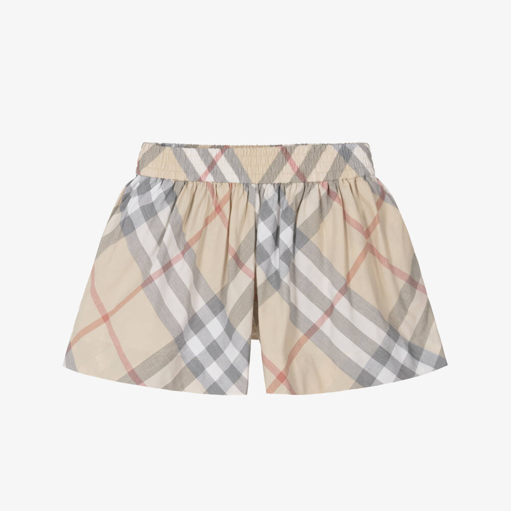 Burberry-Girls Beige Organic Cotton Check Shorts | Childrensalon Outlet