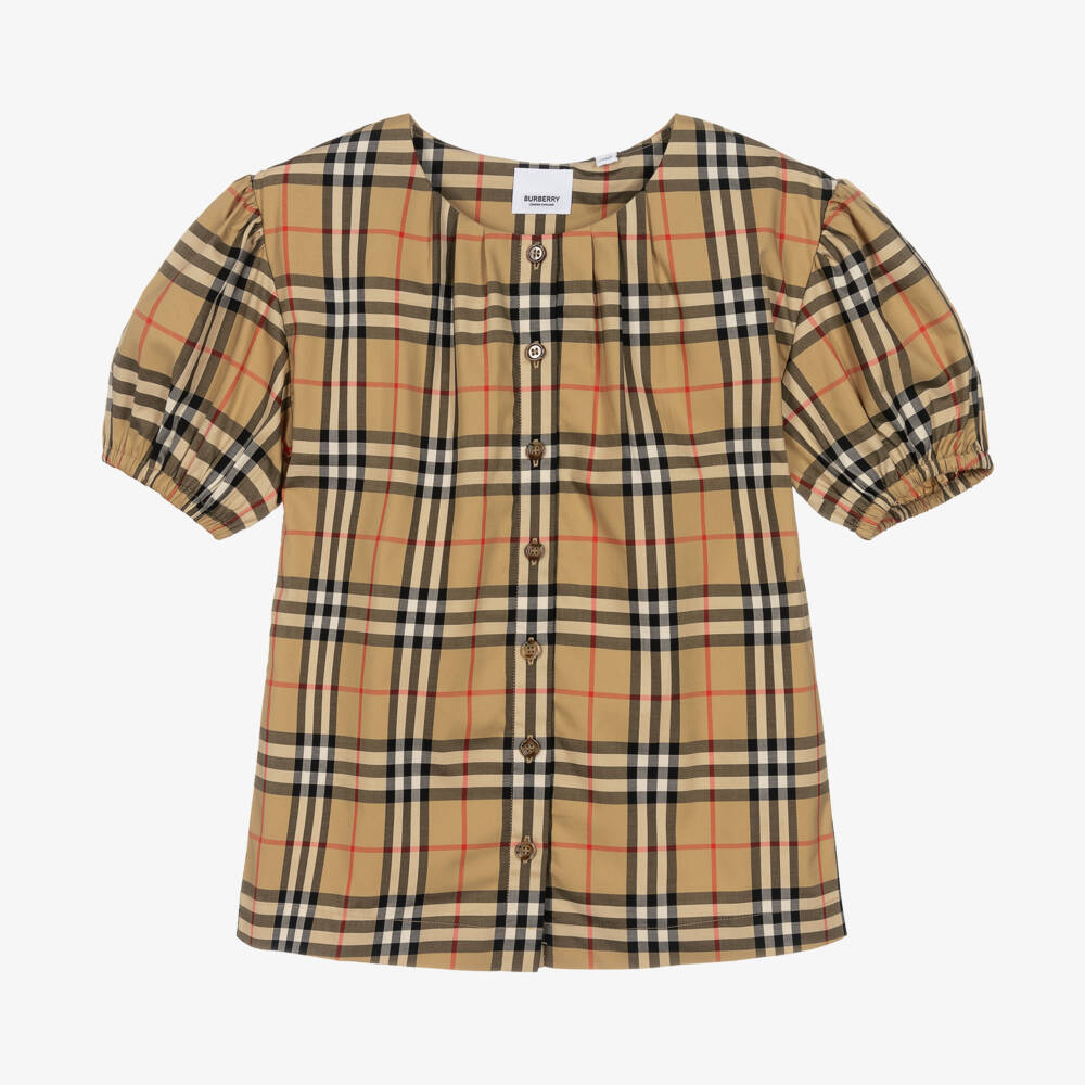 Burberry-Бежевая клетчатая хлопковая блузка для девочек | Childrensalon Outlet