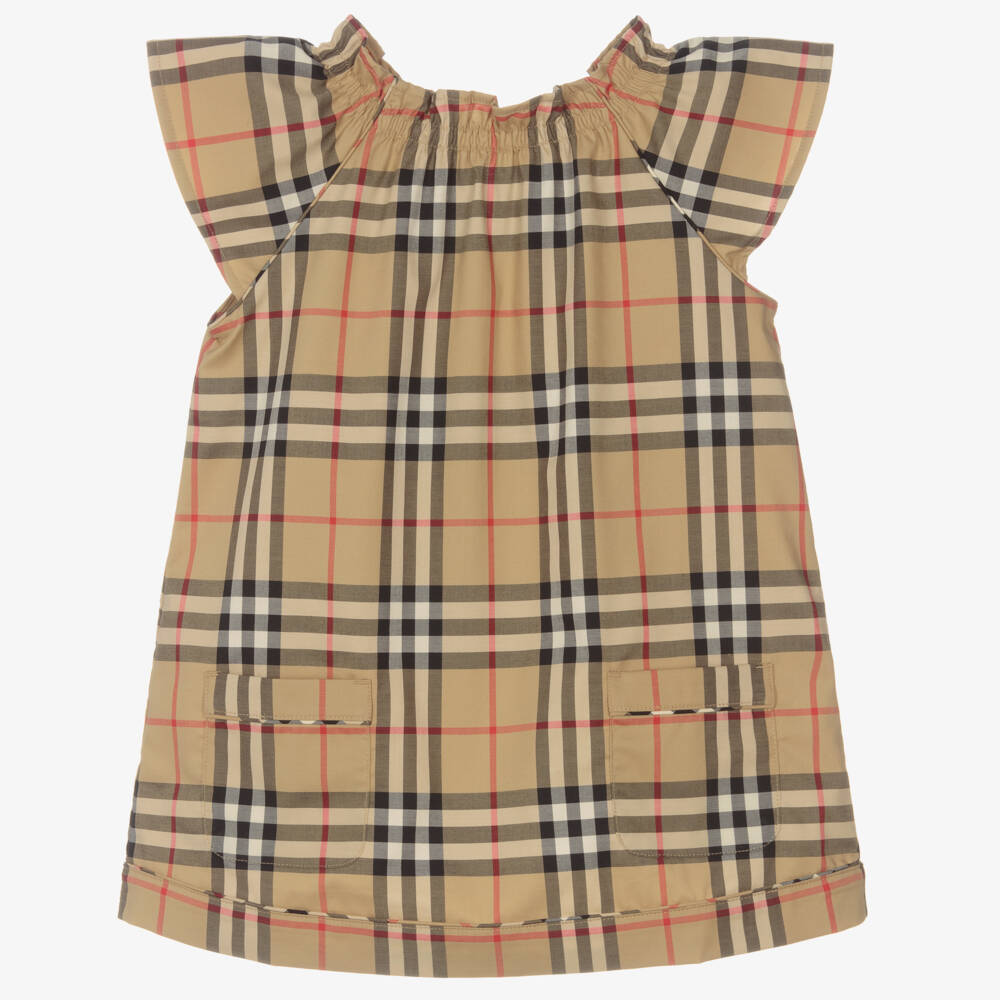 Burberry-طقم قطني بنقشة مربعات بيج للبنات | Childrensalon Outlet