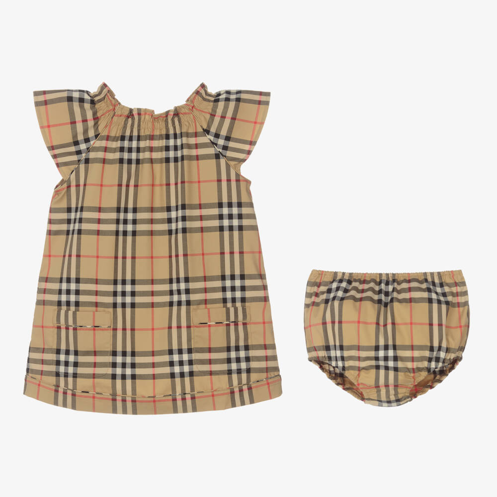 Burberry-Girls Beige Plaid Cotton Ensemble | Childrensalon Outlet