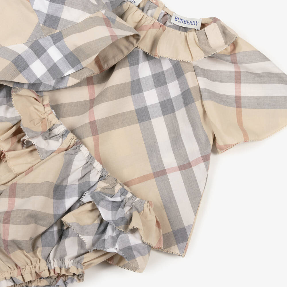 Burberry-Girls Beige Plaid Cotton Ensemble | Childrensalon Outlet