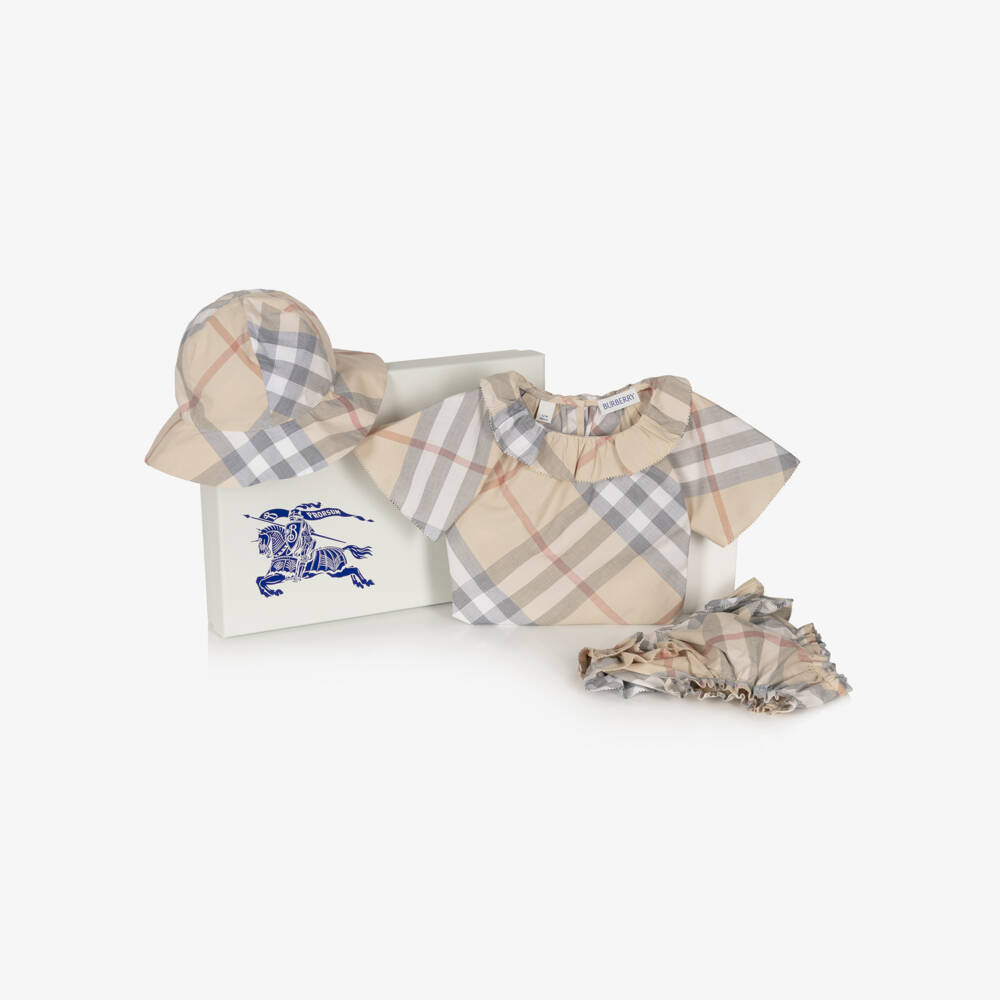 Burberry-Girls Beige Plaid Cotton Ensemble | Childrensalon Outlet