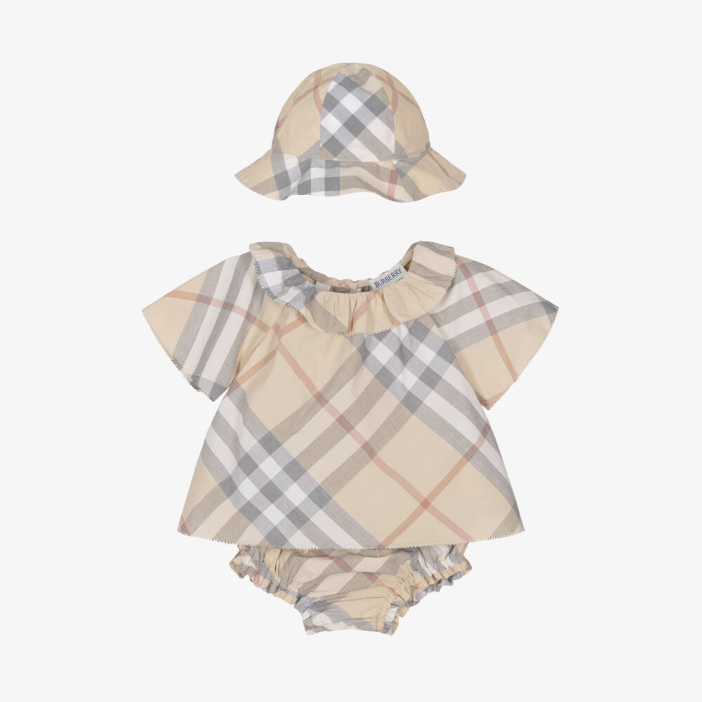 Burberry-Girls Beige Plaid Cotton Ensemble | Childrensalon Outlet