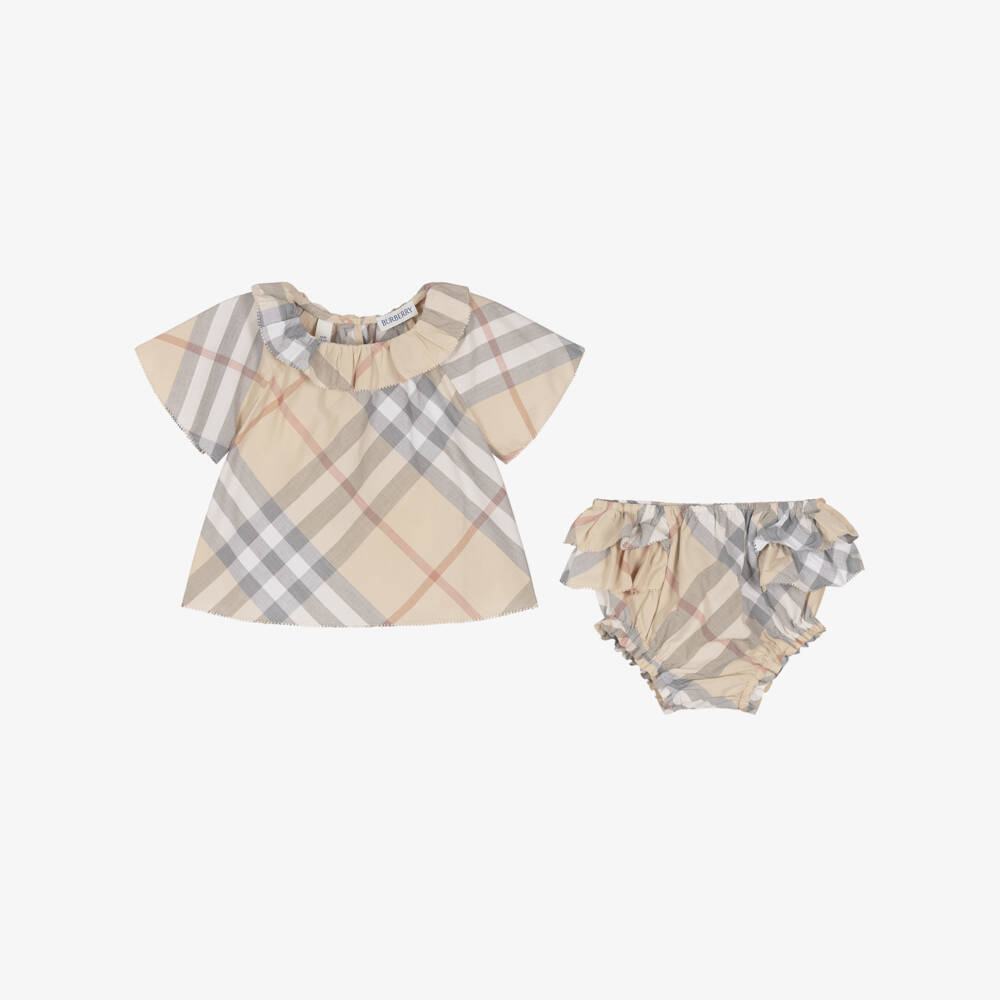 Burberry-Girls Beige Plaid Cotton Ensemble | Childrensalon Outlet