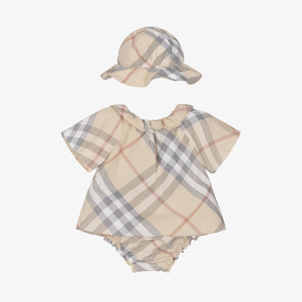 Burberry-Girls Beige Plaid Cotton Ensemble | Childrensalon Outlet