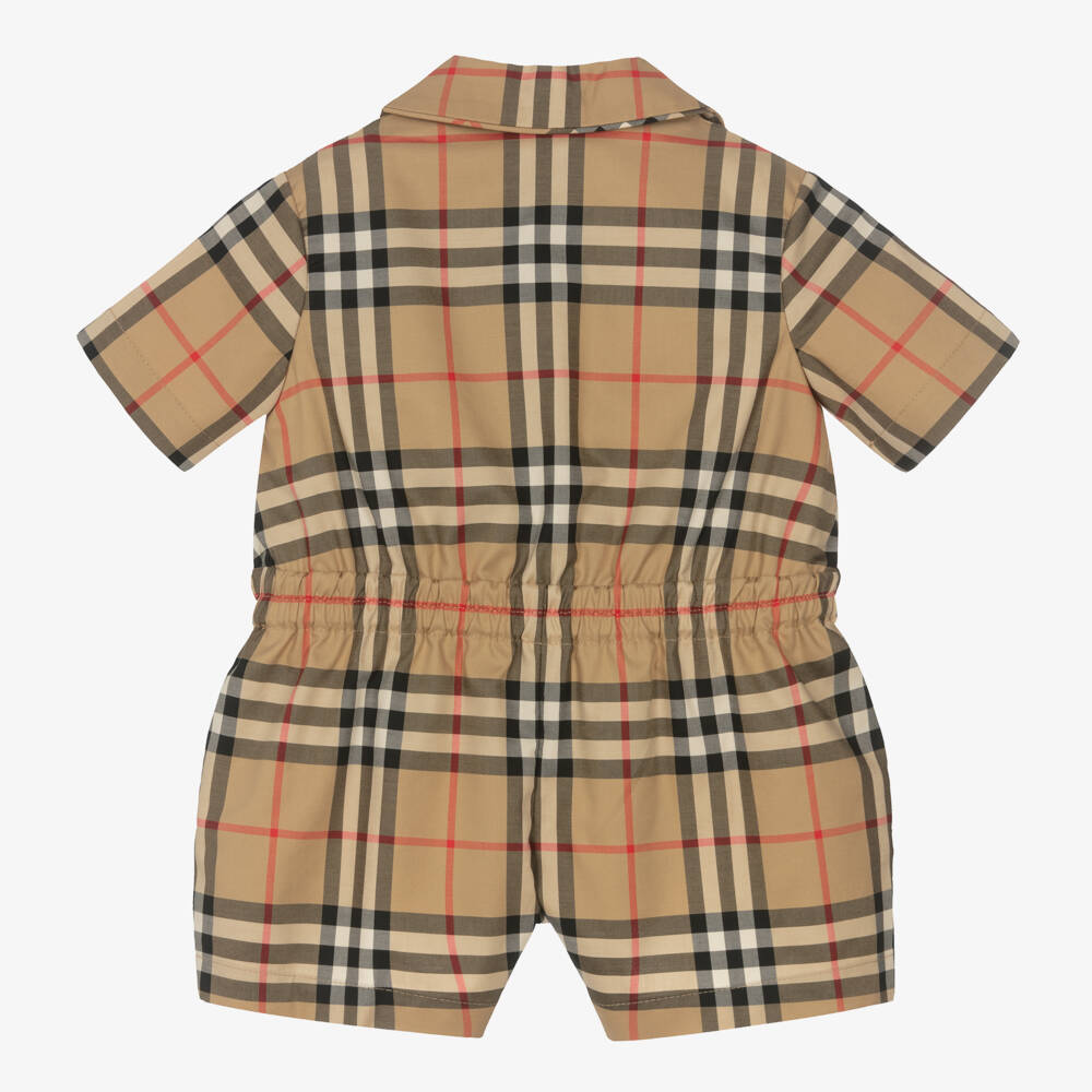 Burberry-Girls' Beige Plaid Cotton Romper | Childrensalon Outlet