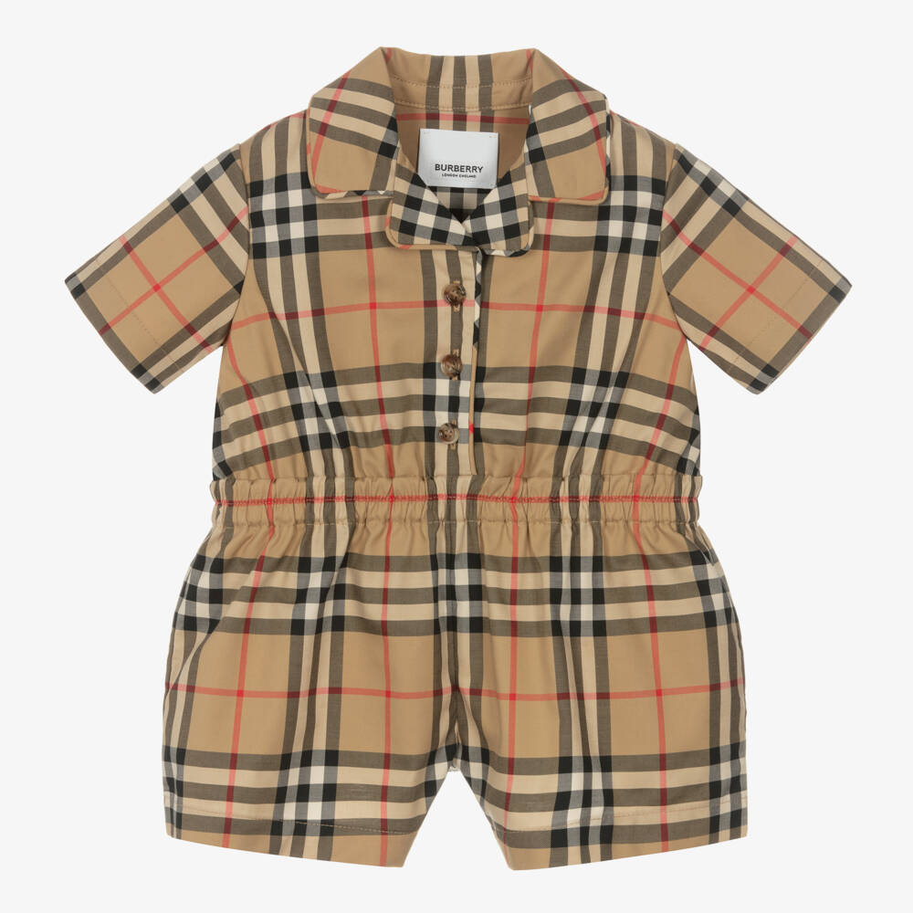 Burberry-Girls' Beige Plaid Cotton Romper | Childrensalon Outlet