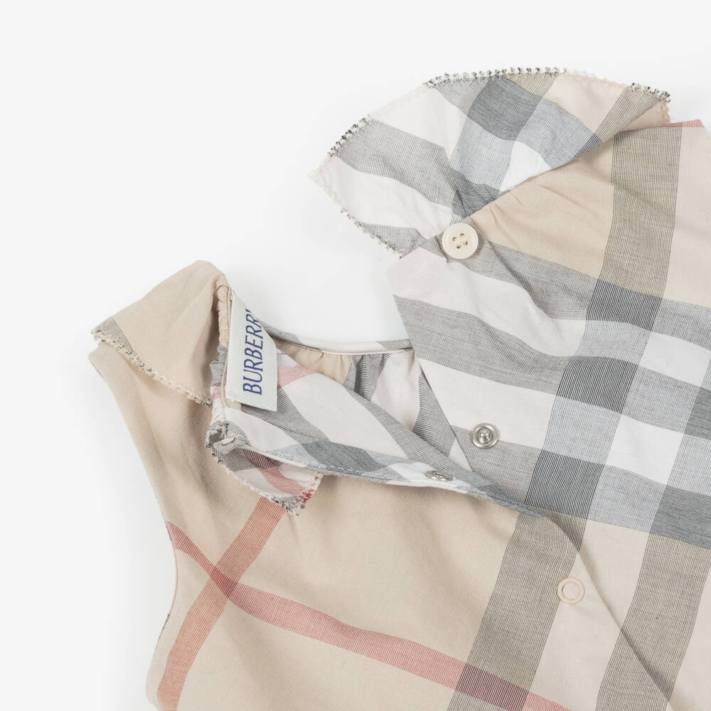 Burberry-Girls Beige Plaid Cotton Romper | Childrensalon Outlet