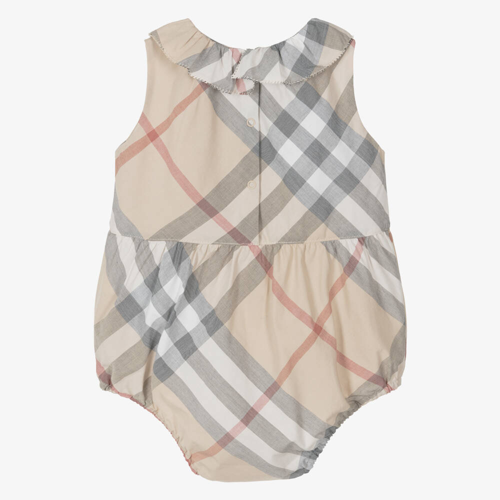 Burberry-Girls Beige Plaid Cotton Romper | Childrensalon Outlet