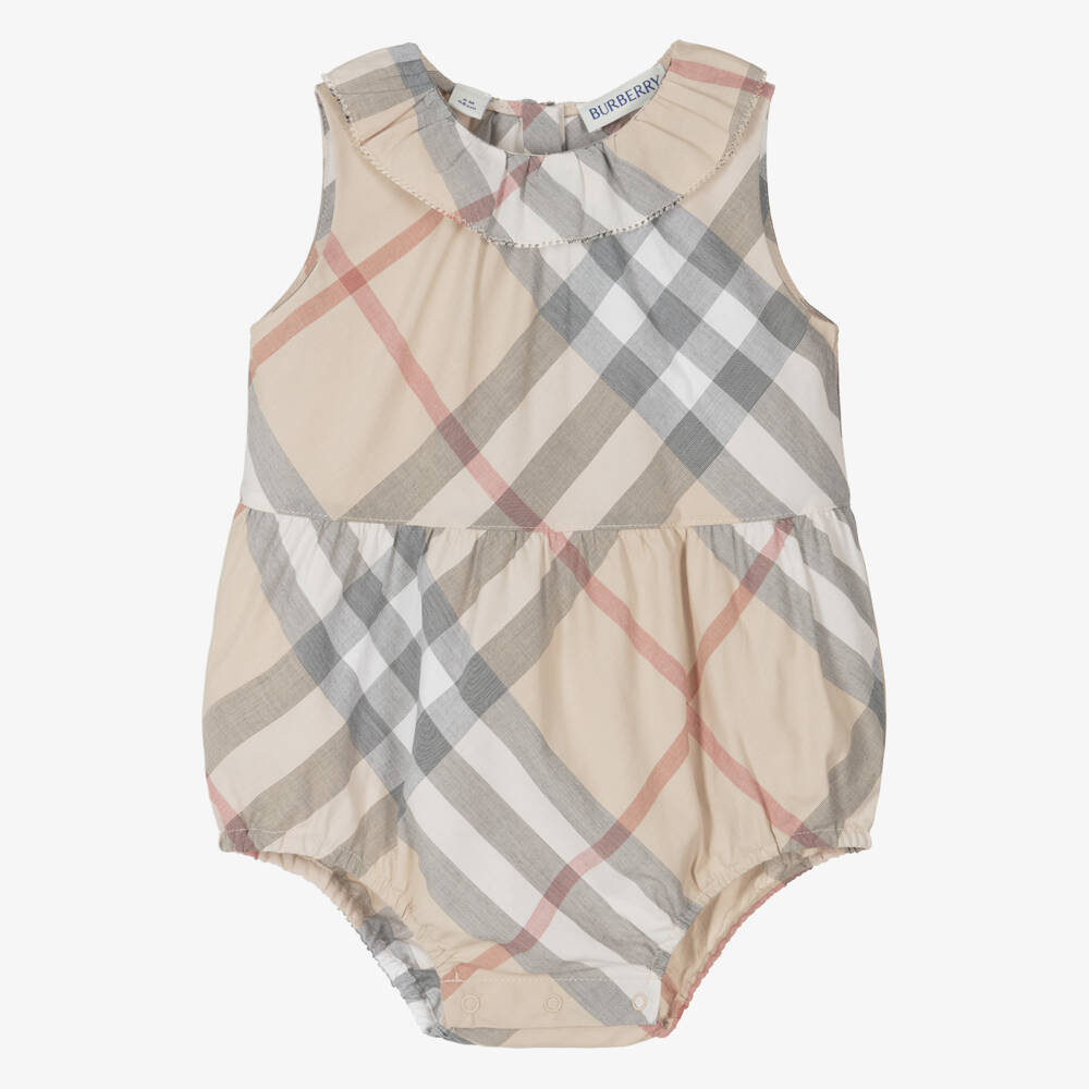 Burberry-Girls Beige Plaid Cotton Romper | Childrensalon Outlet