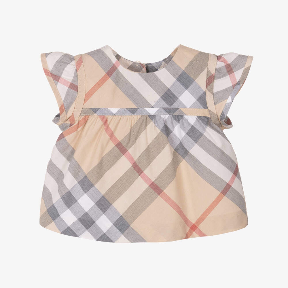 Burberry-بلوزة كاروهات قطن لون بيج للمولودات | Childrensalon Outlet