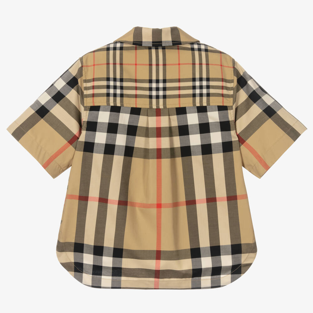 Burberry-Girls Beige Plaid Short Sleeve Shirt | Childrensalon Outlet