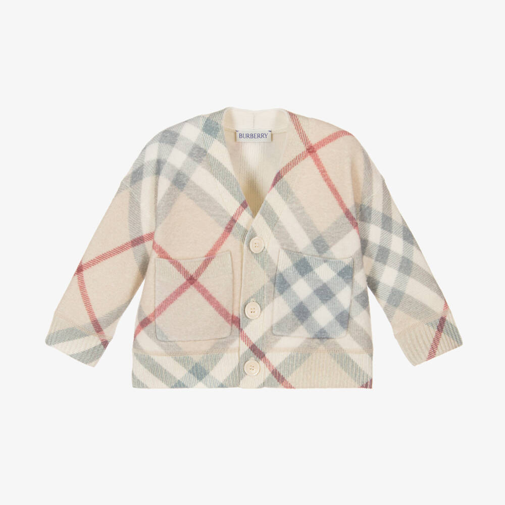 Burberry-Girls Beige Plaid Wool Cardigan | Childrensalon Outlet