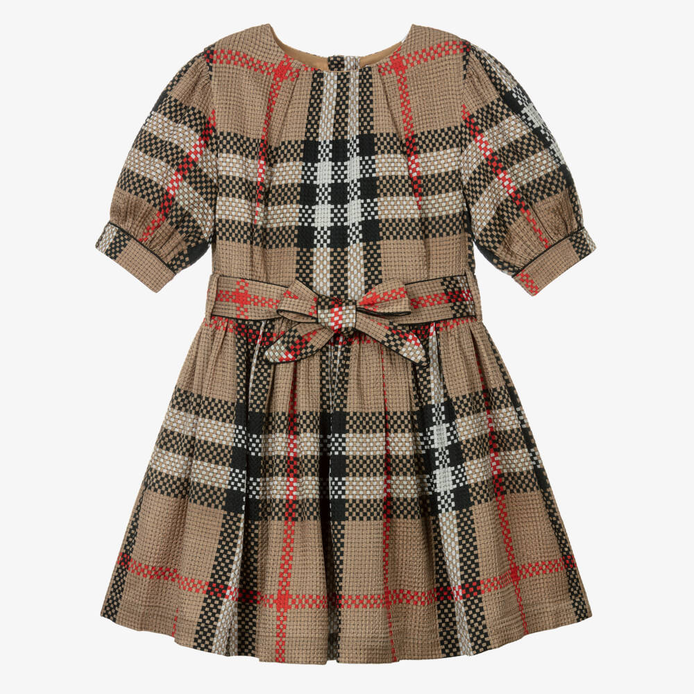 Burberry-Girls Beige Silk Plaid Frock | Childrensalon Outlet