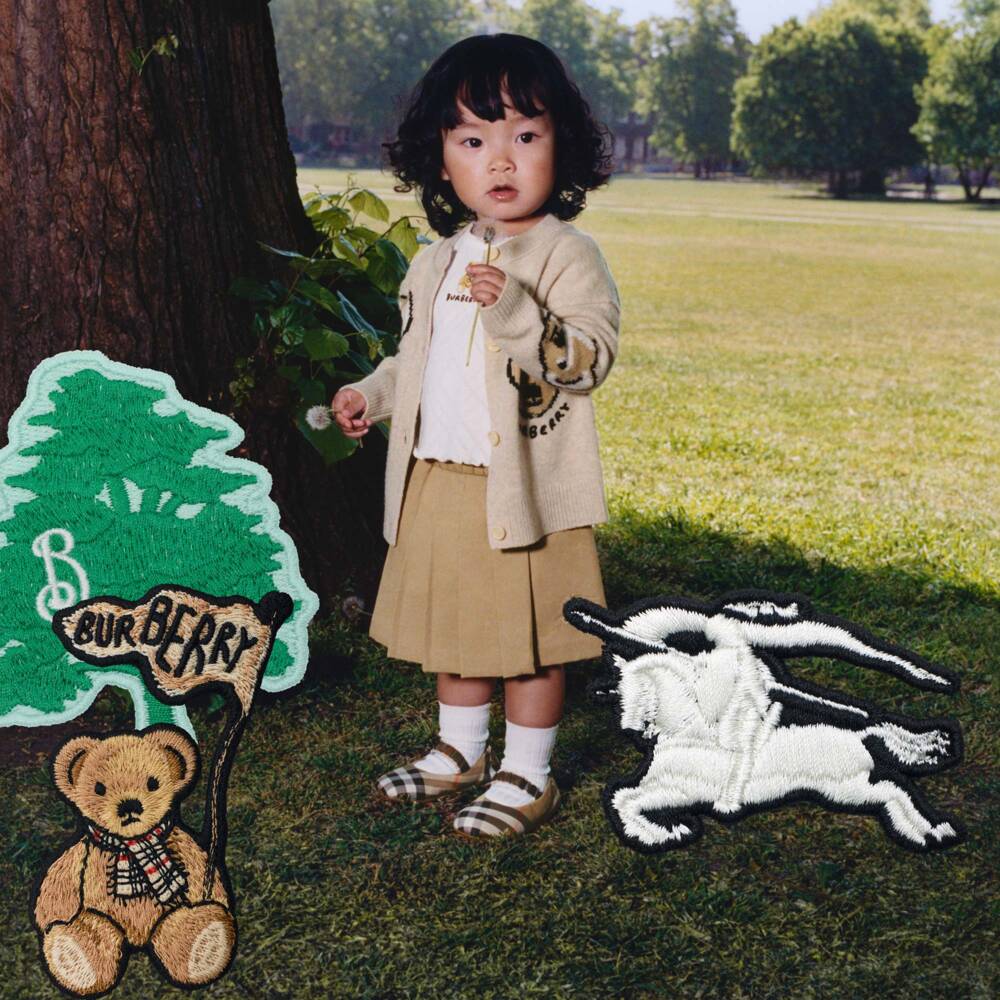 Burberry-Girls Beige Wool Knit Thomas Bear Cardigan | Childrensalon Outlet