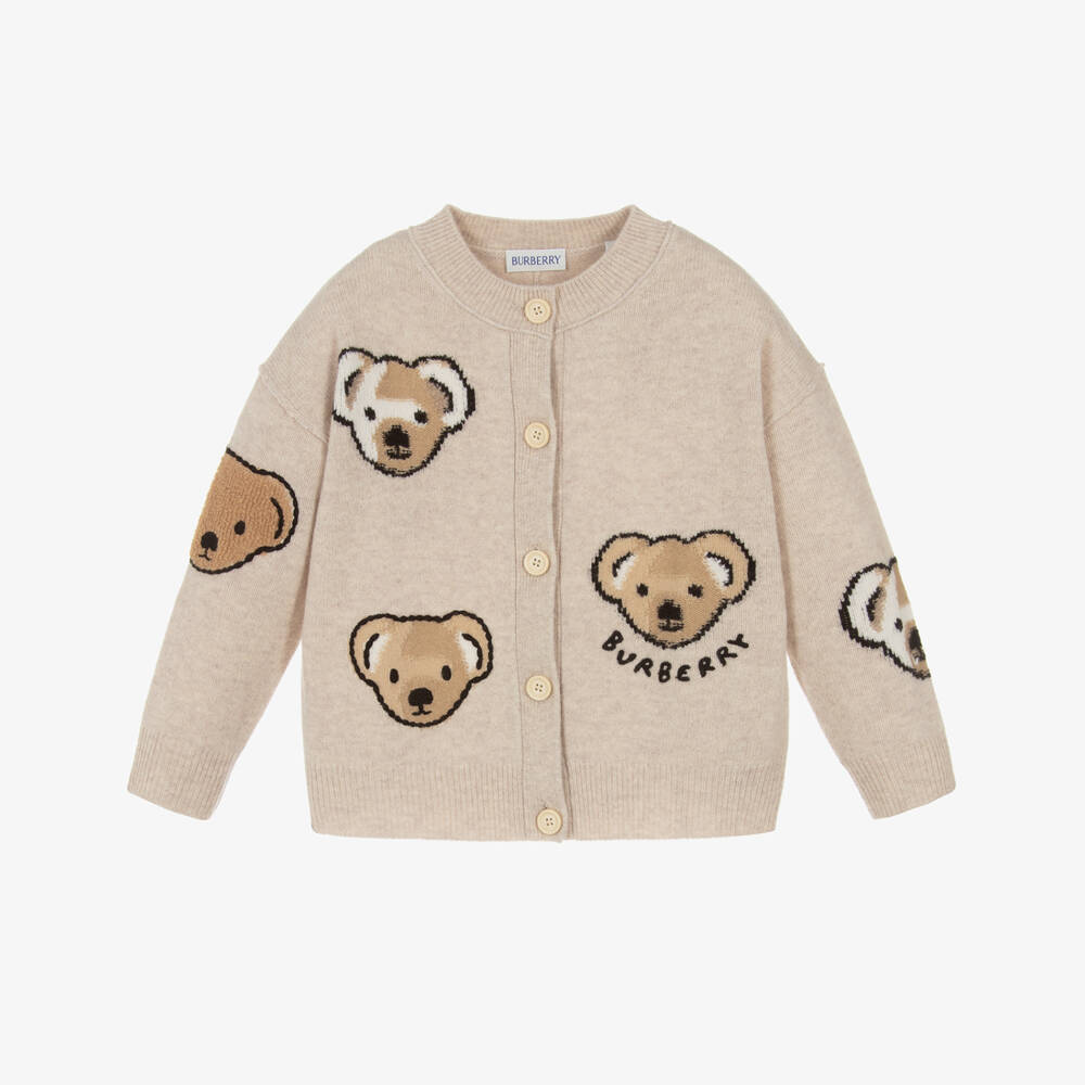 Burberry-Girls Beige Wool Knit Thomas Bear Cardigan | Childrensalon Outlet