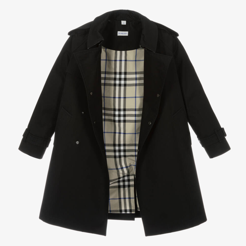 Burberry-Girls Black Cotton Trench Coat | Childrensalon Outlet