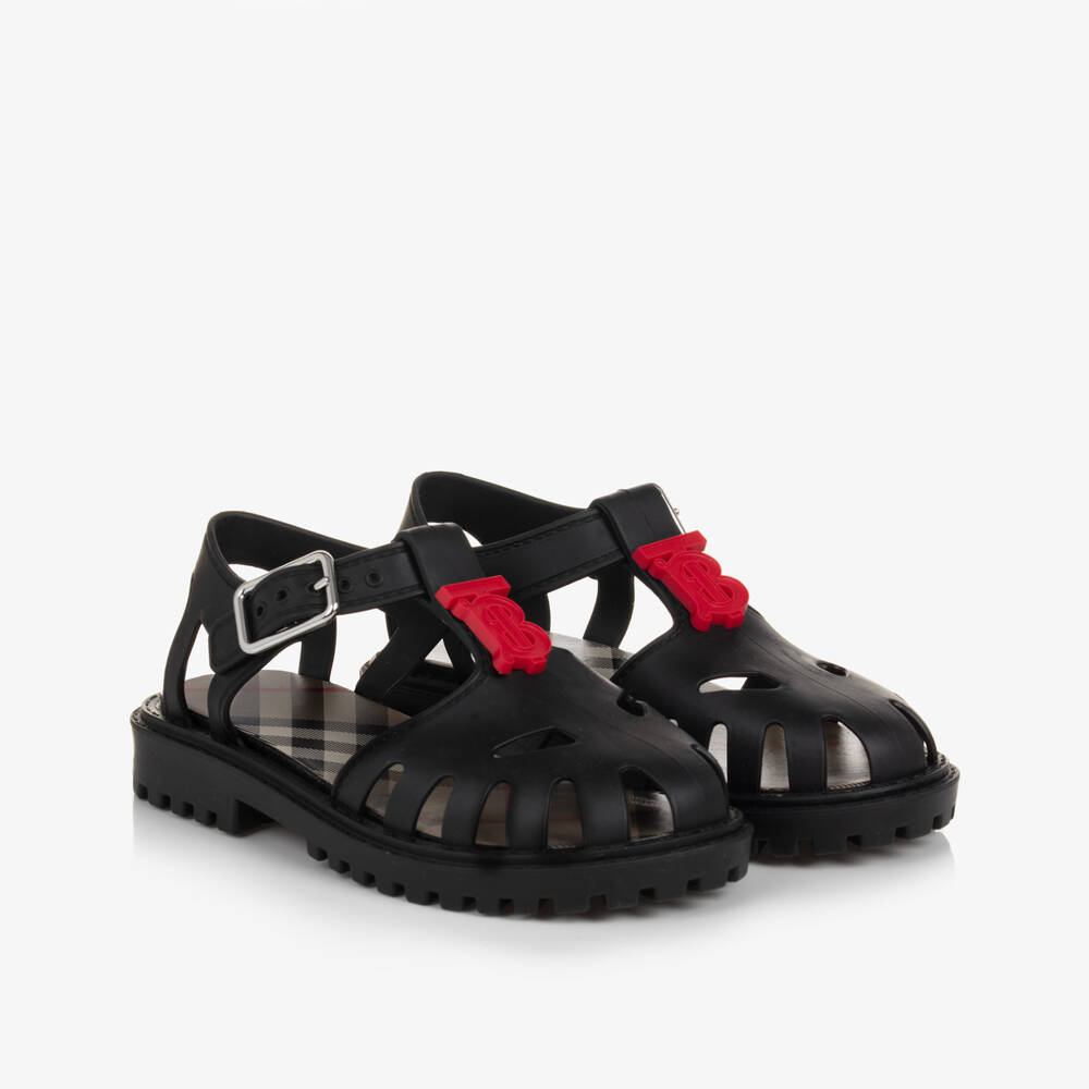 Burberry-صنادل جلي سوداء بشعار للبنات | Childrensalon Outlet