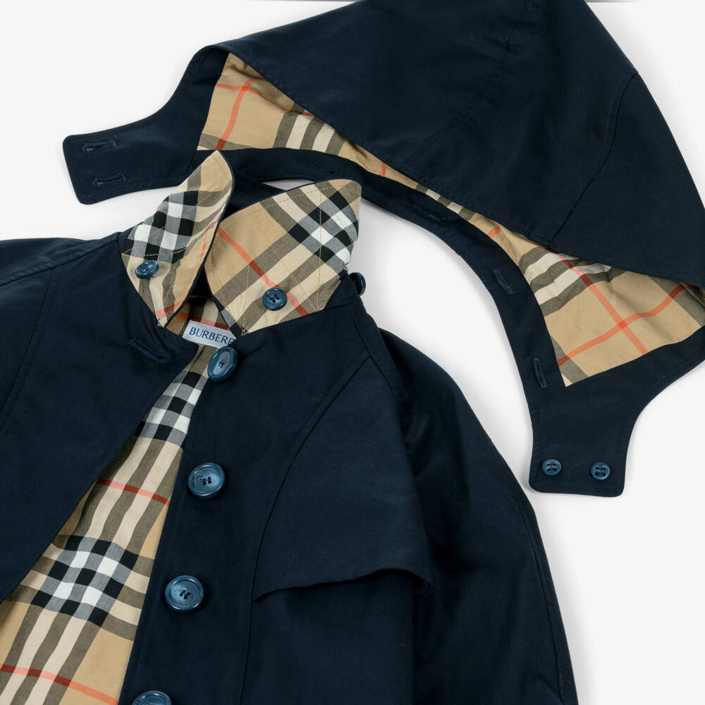 Burberry-Girls Blue Cotton Twill Trench Coat with Detachable Hood | Childrensalon Outlet